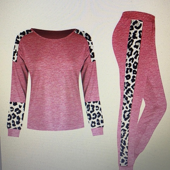 UDEAR Heather Pink Leopard Round-Neck Long-Sleeve Top & Joggers; size XL - Picture 1 of 2